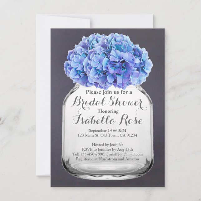 Invitación Frasco de masón hidrangea azul ducha de novia hidr (Anverso)
