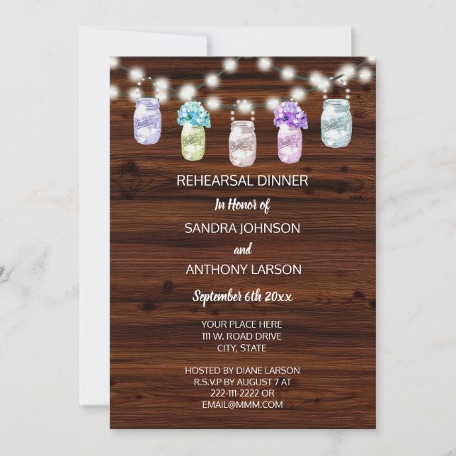 Invitación Frasco de Mason Rústico con Luces Ensayo de Boda (Anverso)