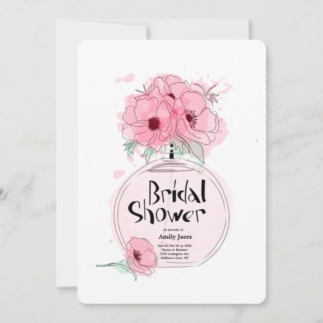 Invitación Frasco de perfume de duchas de novia con flores (Anverso)