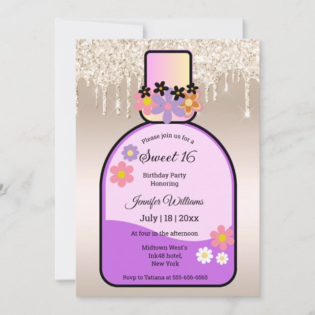 Invitación frasco de perfume rosa purpurina de oro dulce 16 f (Anverso)