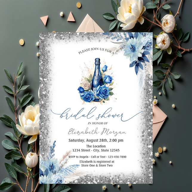 Invitación Frasco de Vino Floral Azul Purpurina Frame Baby Sh (Subido por el creador)