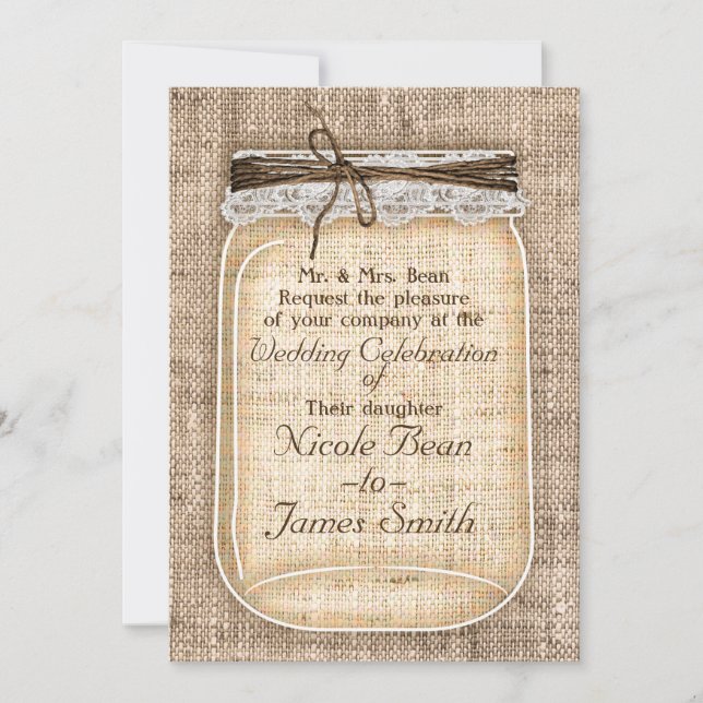 Invitación Frasco grande de Mason con Arpillera y Encaje Rúst (Anverso)