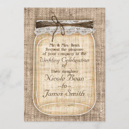 Invitación Frasco grande de Mason con Arpillera y Encaje Rúst