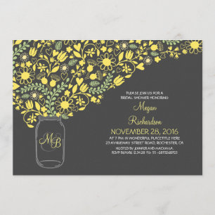 Invitación frasco gris amarillo floral linda ducha de novia