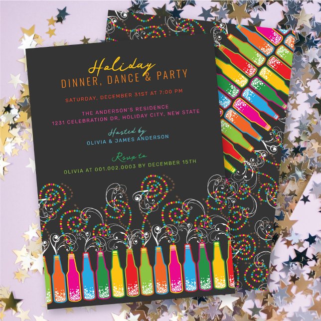 Invitación Frascos coloridos celebraciones navideñas (Colorful Bottles Bubbly Celebrations Holiday Party Invitation @ fat_fa_tin)