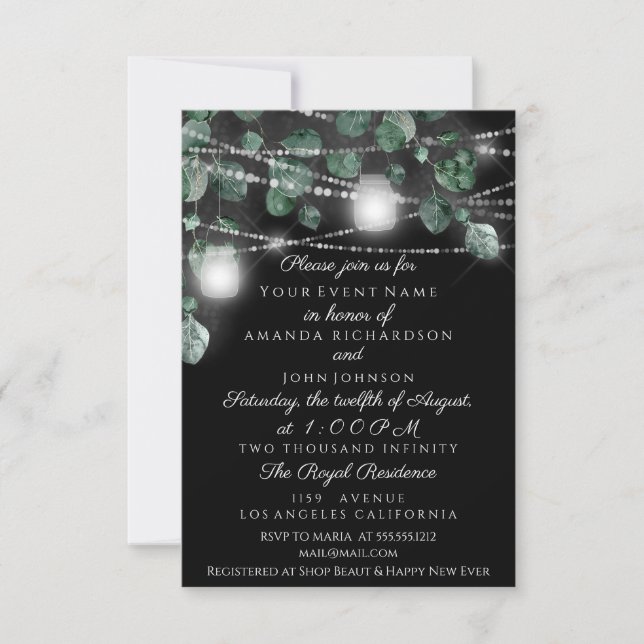 Invitación Frascos de luces de boda rústicos menta ahumada ne (Anverso)