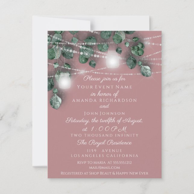 Invitación Frascos de luces de boda rústicos verde rosa ahuma (Anverso)