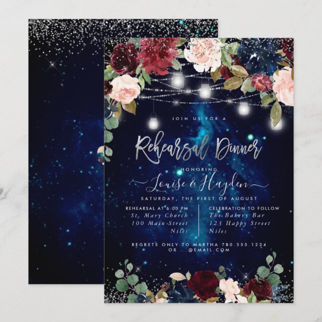 Invitación Frascos de mason con luces de cuerda para cena de  (Anverso / Reverso)