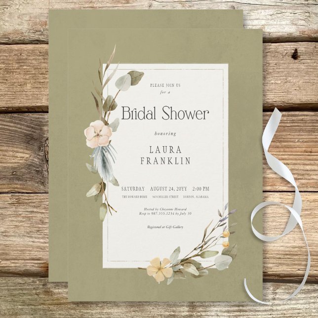 Invitación Fraude seco con marco floral Sage Brillante Ducha (Dried Boho Floral Frame Sage Bridal Shower Invitation)