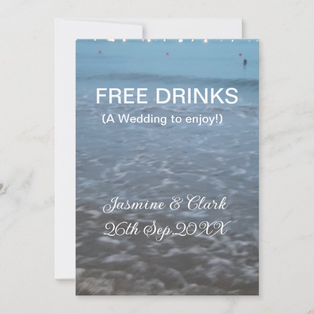 Invitación Free drinks save the date beach wedding add name  (Anverso)