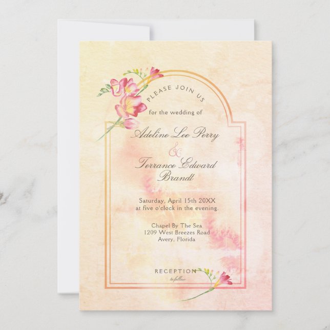 Invitación Freesia Sunset Peach Watercolor (Anverso)