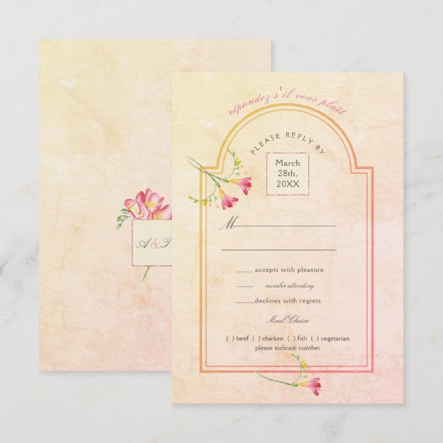 Invitación Freesia Sunset Peach Watercolor RSVP (Anverso / Reverso)