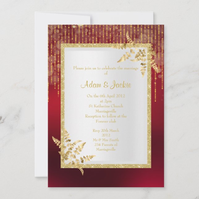 Invitación Fregadero ELEGANTE de hojas de oro y rojo vibrante (Anverso)