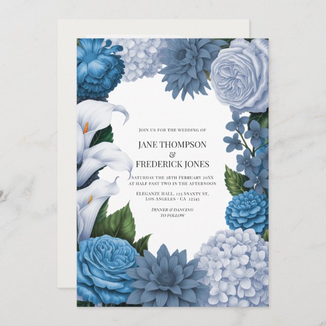 Invitación French Blue, Storm Slate & Petal Fog Wedding (Anverso / Reverso)