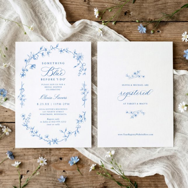 Invitación French Chinoiserie Something Blue Despedida de Sol (Something blue before I do bridal shower invitation with blue French wildflower toile design)