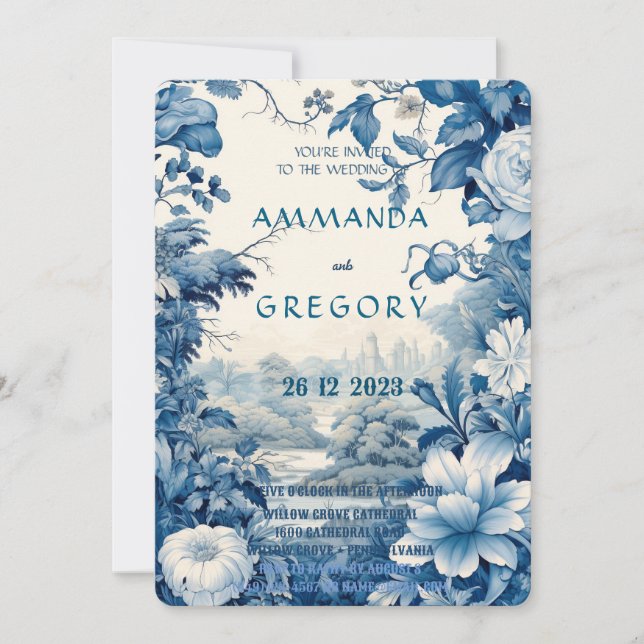 Invitación French Floral Toile Blue Invitation (Anverso)