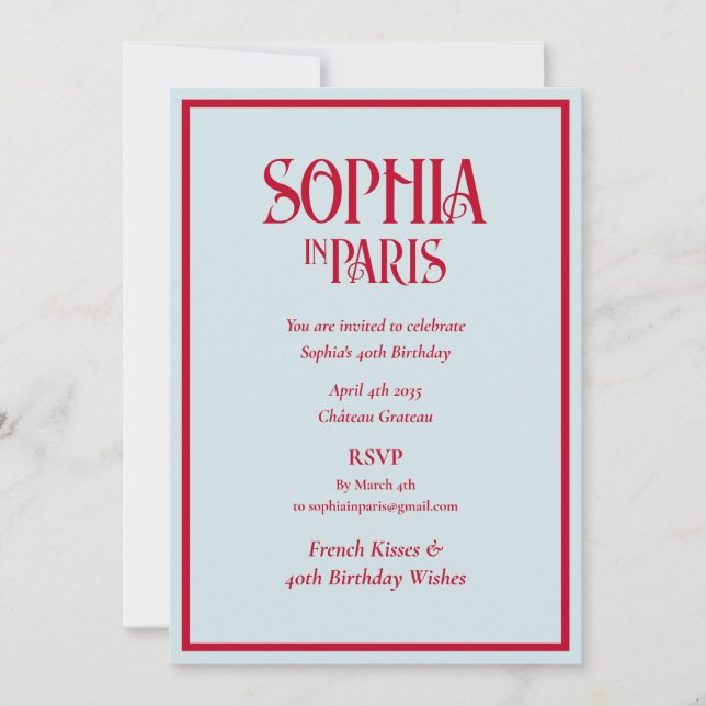 Invitación French Kisses 40th Birthday Wishes Paris Birthday (Anverso)