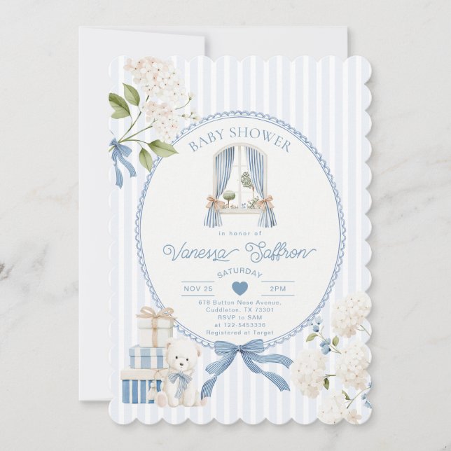 Invitación French Nursery Baby Boy Shower Coquette Stripe Bow (Anverso)