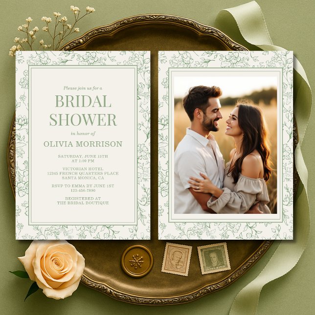 Invitación French Sage Green Ivory Photo Bridal Shower (Subido por el creador)