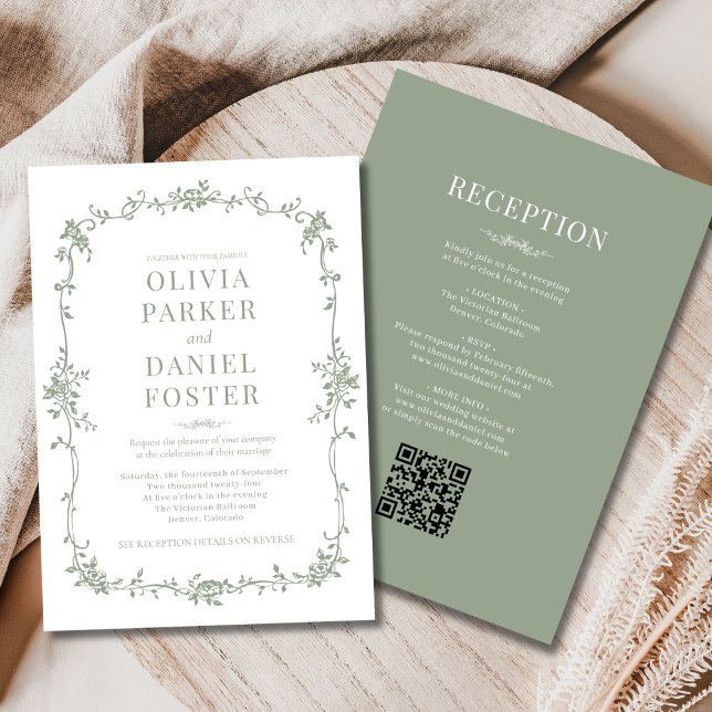 Invitación French Sage Green Victorian All in One Wedding  (Subido por el creador)