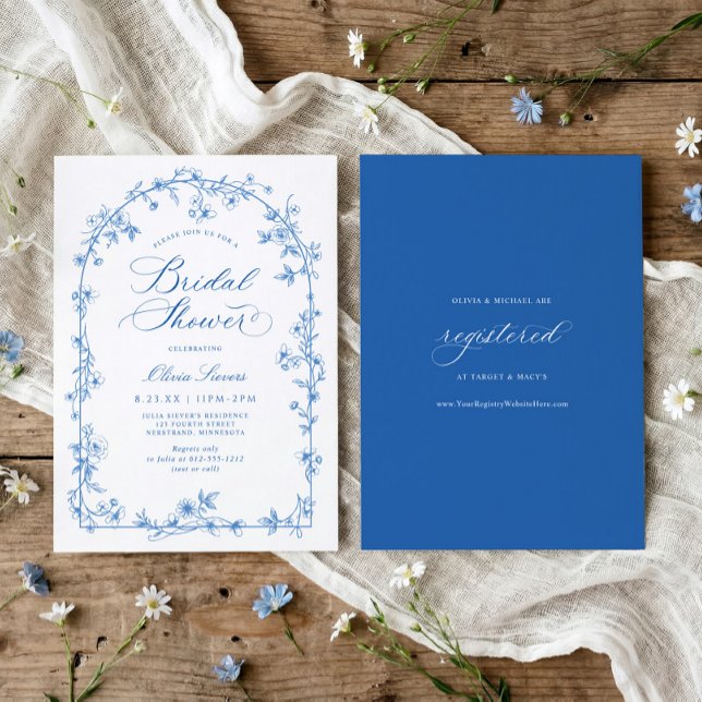 Invitación French Toile Blue and White Floral Bridal Shower (Blue and white wildflower bridal shower invitation with French vintage toile arch frame)