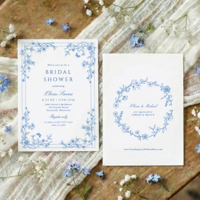 Invitación French Toile Chinoise Blue and White Bridal Shower (Blue and white wildflower bridal shower invitation with French vintage toile corner florals)