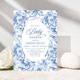 Invitación French Toile de Jouy Blue Roses Baby Shower Invite