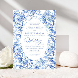 Invitación French Toile de Jouy Blue Roses Elegant Wedding