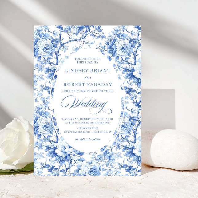 Invitación French Toile de Jouy Blue Roses Elegant Wedding  (French Toile de Jouy Blue Roses Elegant Wedding Invite)