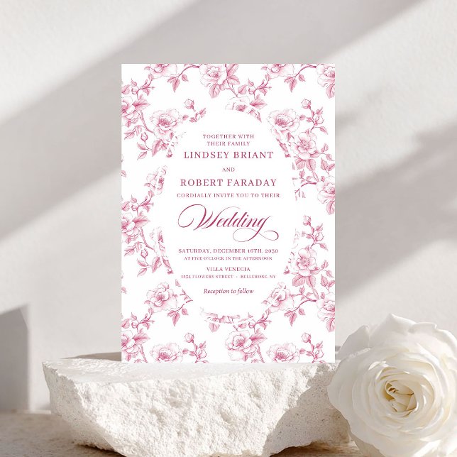 Invitación French Toile de Jouy Roses Dusty Pink Wedding  (French Toile de Jouy Roses Dusty Pink Wedding Invite)