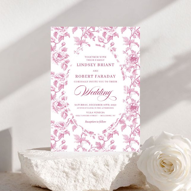 Invitación French Toile Roses Blush Pink Wedding Invitation (French Toile Roses Blush Pink Wedding Invitation)