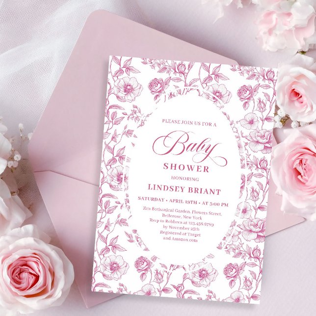 Invitación French Toile Roses Dusty Pink Baby Shower Invite (French Toile Roses Dusty Pink Baby Shower Invitation)