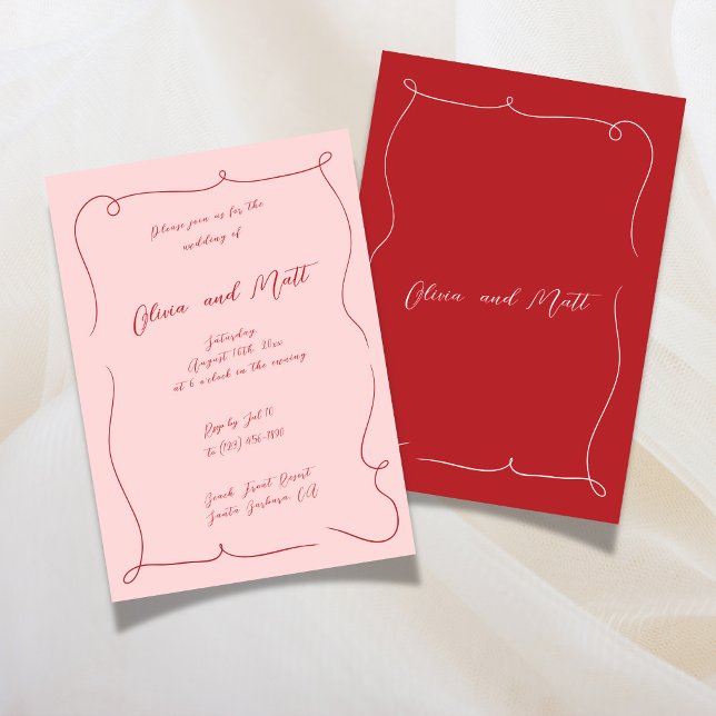 Invitación French Whimsy Script Wedding Invite Red Pink (French Whimsy Script Wedding Invite Red Pink)