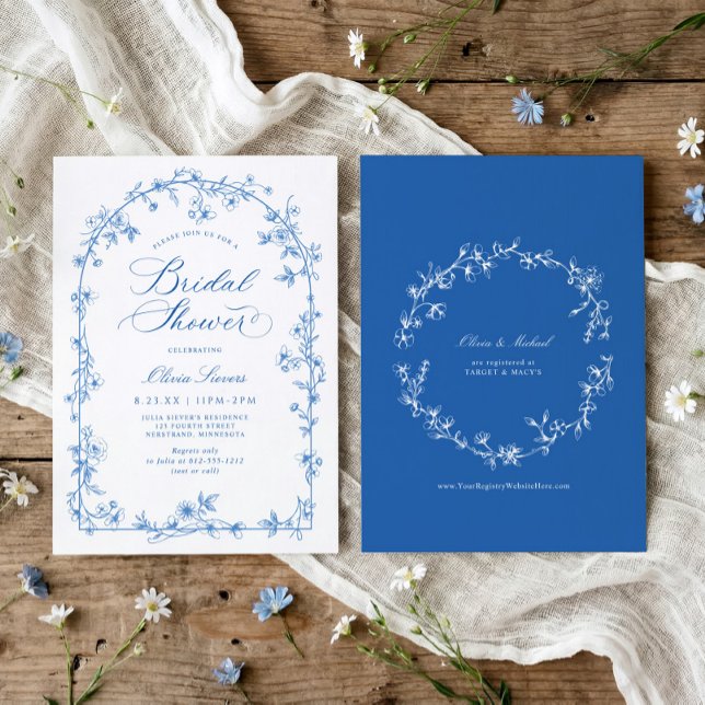 Invitación French Wildflower Toile Blue Bridal Shower (Blue and white wildflower bridal shower invitation with French vintage toile arch frame)