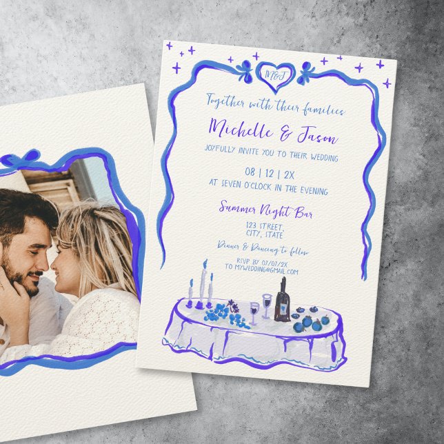 Invitación Frenhch Blue Retro Whimsical Hand Drawow Photo (whimsical hand drawn french blue dinner table with bow frame for your wedding invitation)
