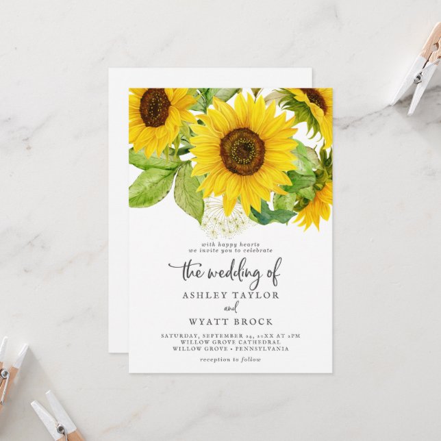 Invitación Frente de girasoles del país y Boda posterior (Anverso/Reverso In Situ)