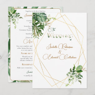Invitación Frente y parte trasera Verde Hojas Tropicales Geom