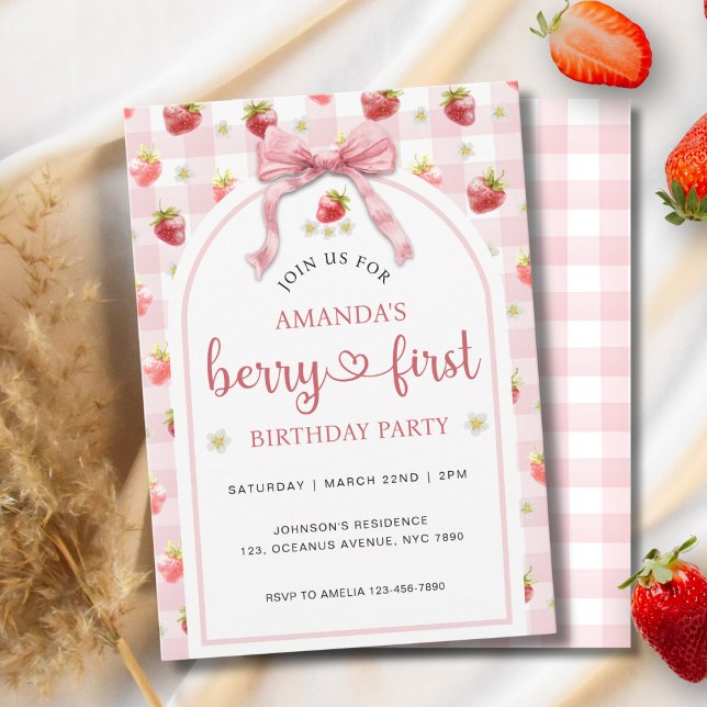 Invitación Fresa 1ª acuarela Berry Primer cumpleaños (Subido por el creador)