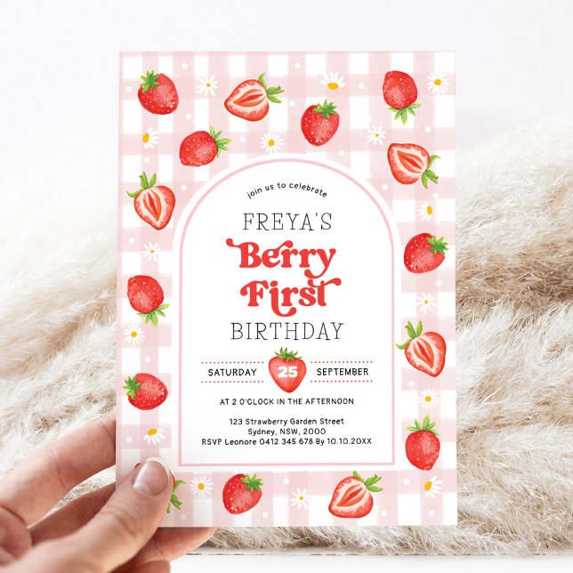 Invitación Fresa 1º cumpleaños | Berry First Chica Fiesta (Subido por el creador)