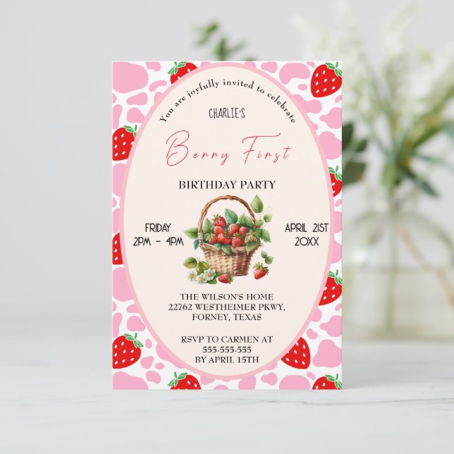 Invitación Fresa 1er cumpleaños Berry Primer partido de cumpl (Anverso de pie)