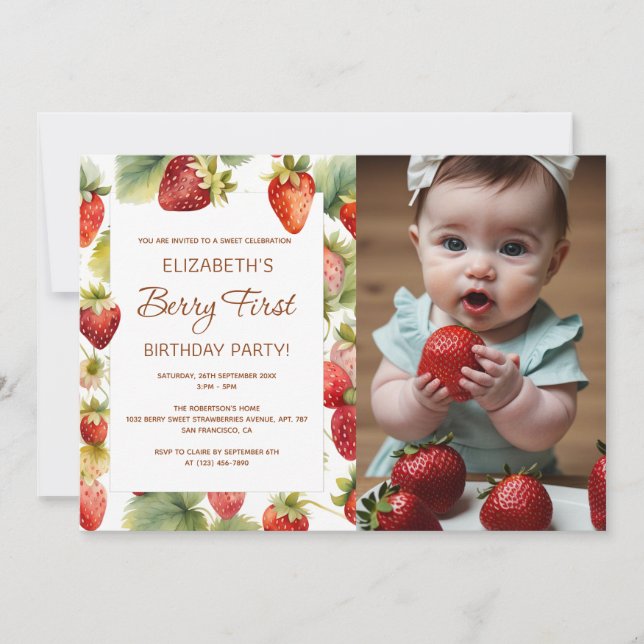 Invitación Fresa 1er cumpleaños Berry primera foto de cumplea (Anverso)