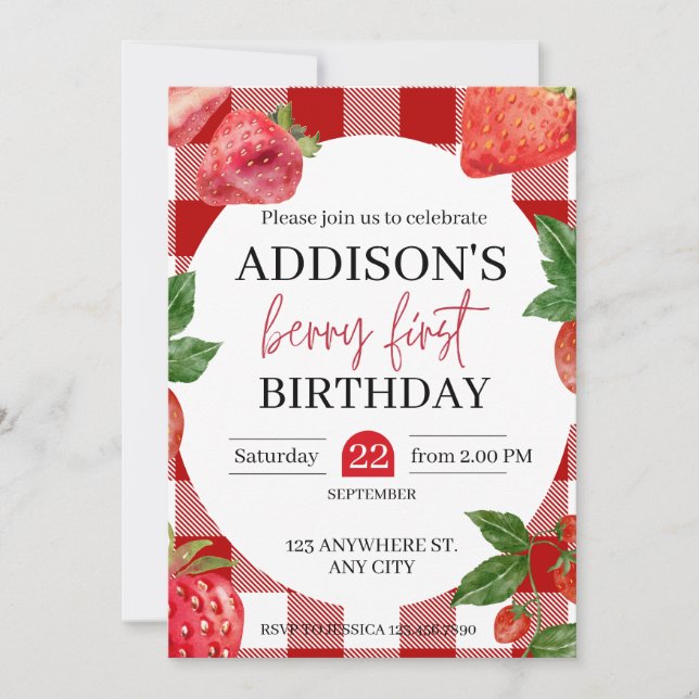 Invitación Fresa 1er cumpleaños Berry Sweet (Anverso)