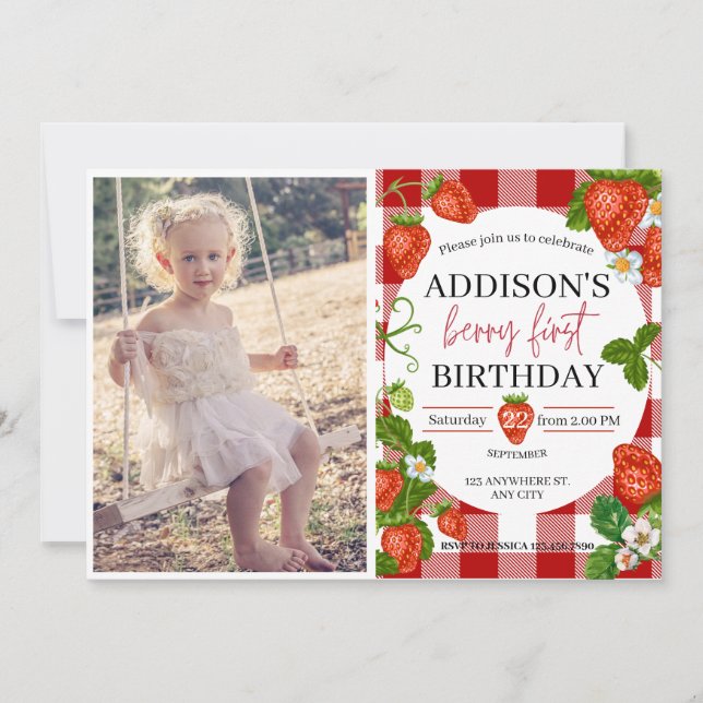 Invitación Fresa 1er cumpleaños Berry Sweet (Anverso)