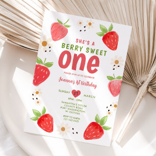 Invitación Fresa a mano dulce un Berry primer cumpleaños