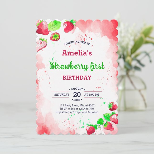 Invitación Fresa acuarela 1er cumpleaños Dulce vibrante (Anverso de pie)