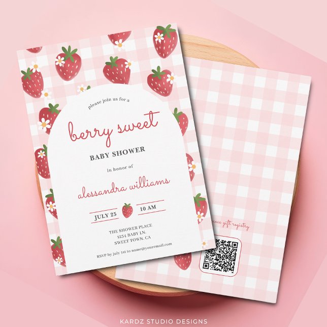 Invitación Fresa acuarela Berry Chica Baby Shower (Berry Sweet Invite shown in 5x7 inch, add details and URL for QR Code.)