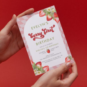Invitación Fresa acuarela Berry Primer cumpleaños