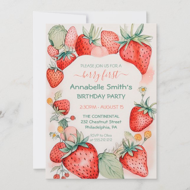 Invitación Fresa acuarela Cute Berry Primer cumpleaños (Anverso)