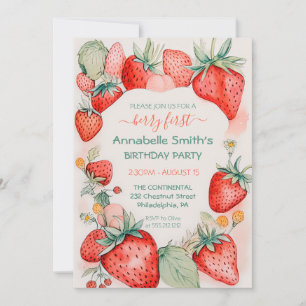 Invitación Fresa acuarela Cute Berry Primer cumpleaños