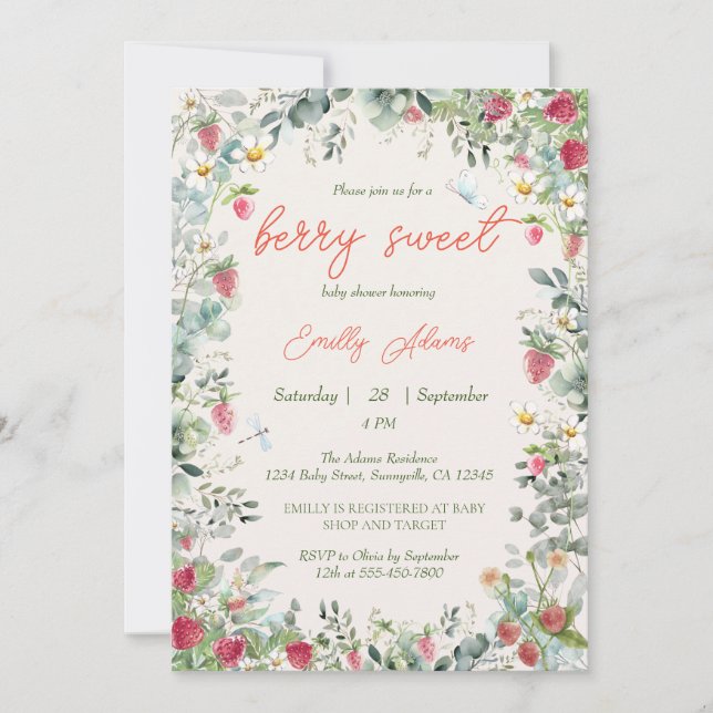 Invitación Fresa acuarela género Baby Shower neutro (Anverso)